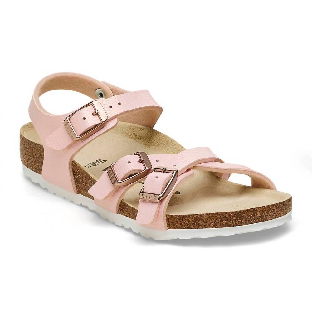 NEW BIRKENSTOCK kids kumba crossed straps sandal in shiny lizard light rose